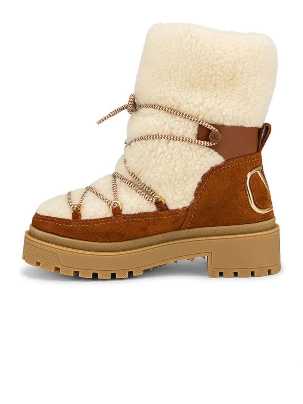 Valentino Garavani Tan Suede and Cream Shearling Lace-Up Boot